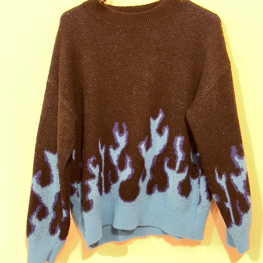 Black Sweater with Blue Flame Design